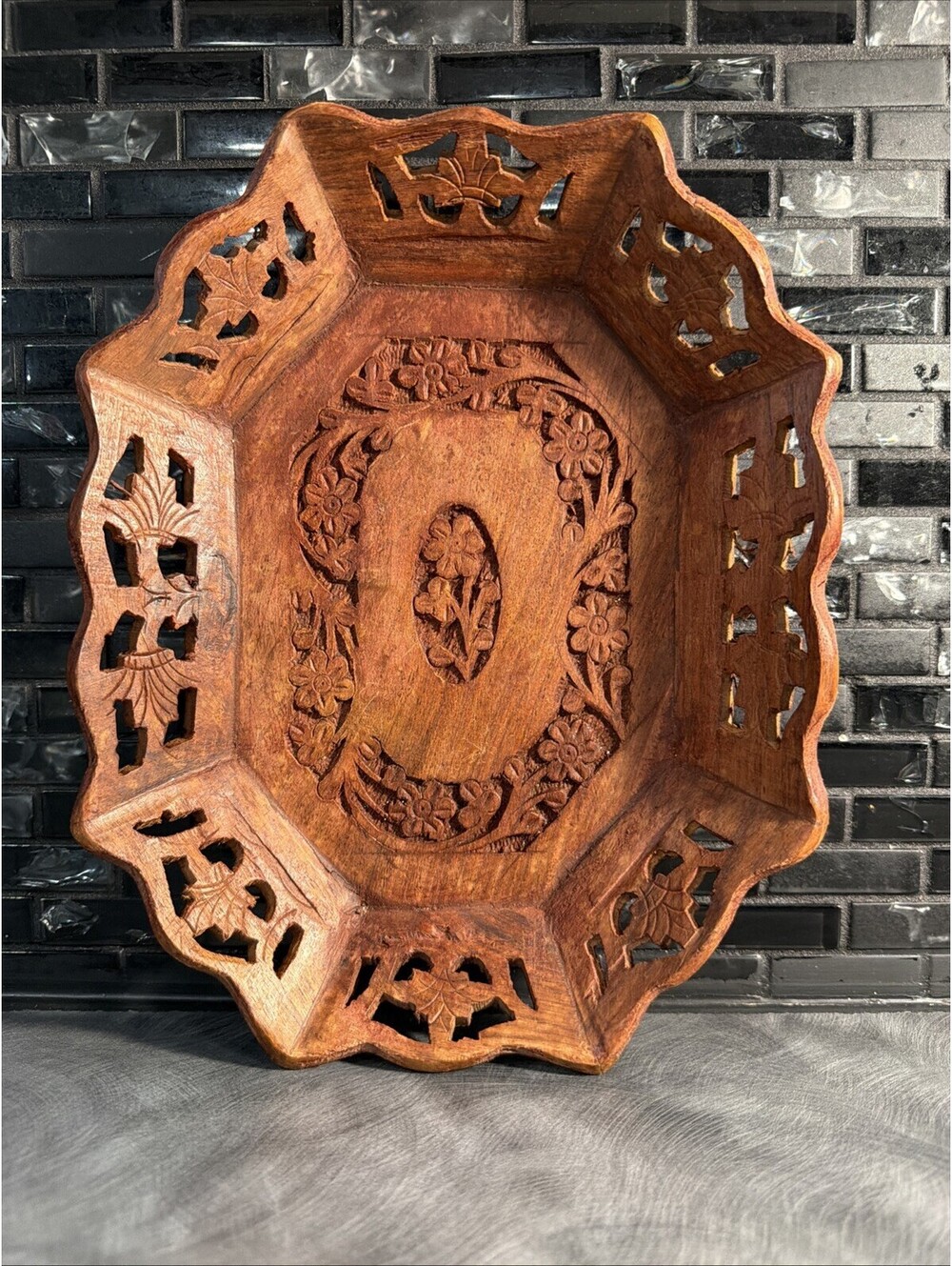 VTG Rustic Hand Carved Wood Tray Floral Design Boho Chic Home Decor